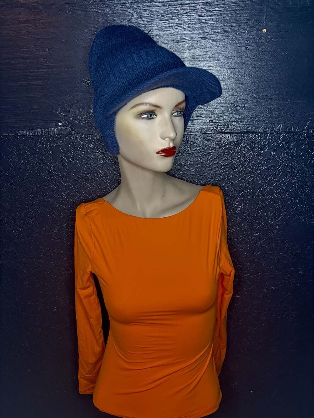 Blue Ribbed Knit Beanie with Flat Brim Hat